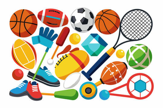  Sports equipment images on white background, vector art illustration