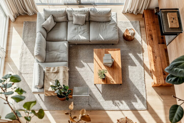Top down view of a living room in a modern house