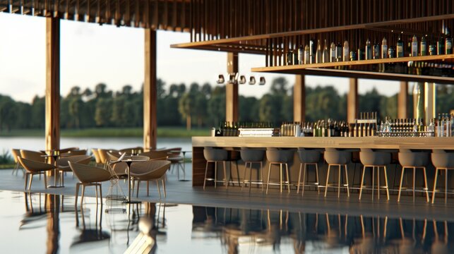 a group of chairs sitting in front of a bar next to a body of water with trees in the background.