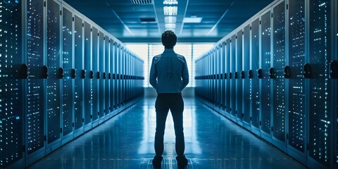 Admin monitors mainframe in data center securing hosting services in cyberspace. Concept Data Center Security, Mainframe Monitoring, Hosting Services, Cybersecurity, Admin Responsibilities