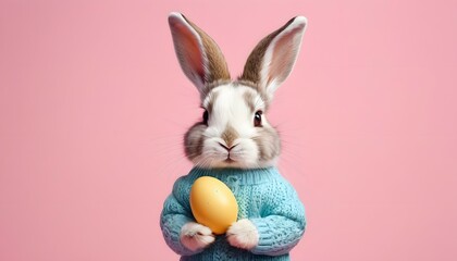 Pink easter background with a cute bunny in winter clothes holding an easter egg