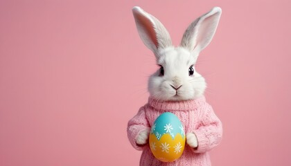 Pink easter background with a cute bunny in winter clothes holding an easter egg