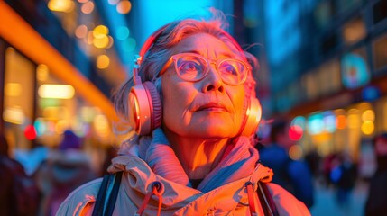 Obraz premium Elderly Woman Wearing Headphones on Urban Street