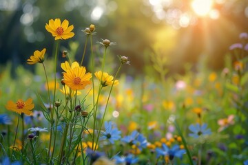 Vibrant Field of Yellow and Blue Flowers