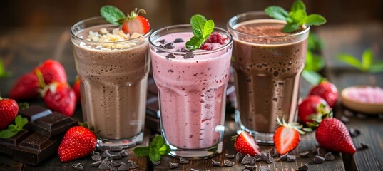 Professional food photography of three delicious chocolate and strawberry milkshakes