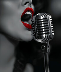 Closeup of a woman singing in a vintage microphone - 760832710