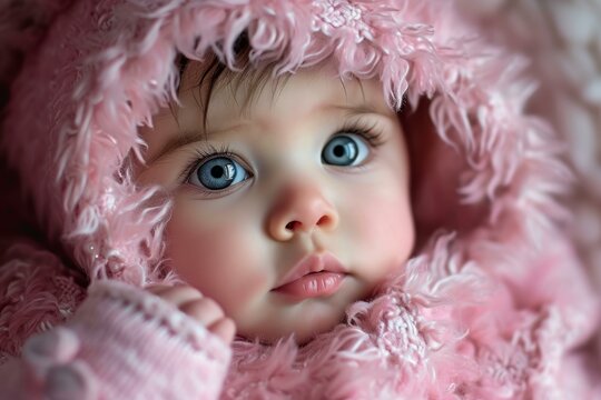 Adorable Baby dressed pink. Face little smile. Generate Ai