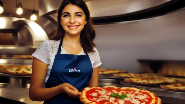 Attractive happy chef girl holding hot pizza in her hands