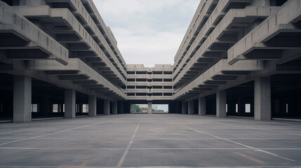 A vast, vacant parking structure, levels ascending into the distance.
