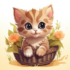 adorable cartoon kitten sitting in a wicker basket with flowers on a white background