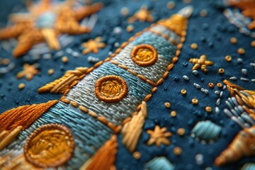 closeup detailed embroidery rocket and stars in space on fabric