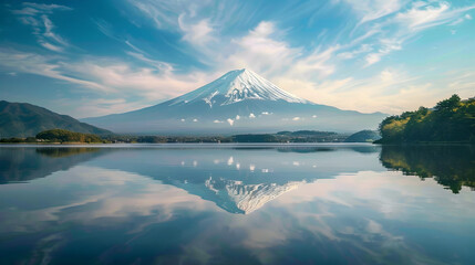 Fototapeta premium Morning Pristine Reflection of Mount Fuji in Still Waters