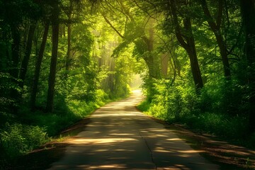 Obraz premium Tranquil Summer Forest Road: A Peaceful Journey Through Nature's Embrace