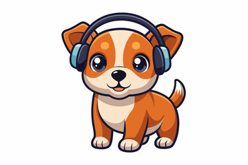  a baby dog with headphone vector on white background.