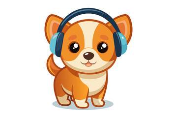  a baby dog with headphone vector on white background.