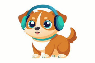  a baby dog with headphone vector on white background.