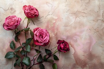 pink roses border frame on light concrete wall background top view, floral template with copy space