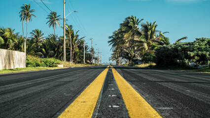 Perspecive of a road in a tropical island. San Andrés, Colombia.