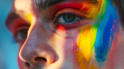 the face of a person wearing rainbow face paint and makeup celebrating pride at a festival bringing together the LGBTQIA community - obrazy, fototapety, plakaty