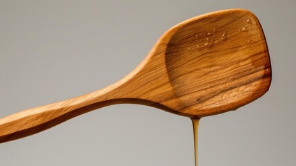 a wooden spoon drizzled with liquid on top of a wooden spoon with a spoon rest on top of it.