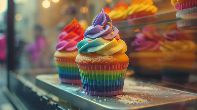 creative rainbow cupcakes with icing and sprinkles baked to celebrate pride and the LGBTQIA community. Colorful artistic homemade baking. AI Generative.