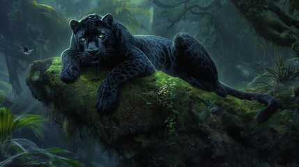 A sleek black panther resting gracefully on a moss-covered rock in the heart of a dense jungle.