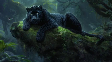 Poster A sleek black panther resting gracefully on a moss-covered rock in the heart of a dense jungle. © Its Your,s