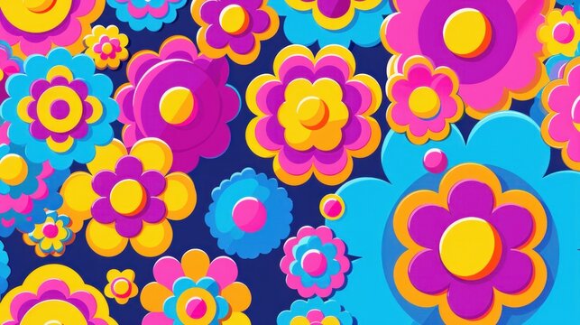 a bunch of colorful flowers that are on a blue and pink background with a yellow circle in the middle of the picture.