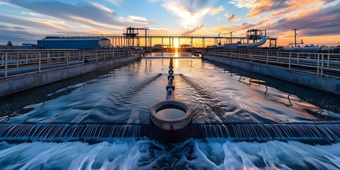 Efficient Industrial Water Treatment Plant in the Glowing Light of Sunrise. Concept Industrial Setting, Water Treatment, Environmental Engineering, Sunrise Photography, Efficiency in Operations - obrazy, fototapety, plakaty