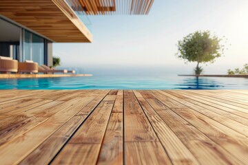 Luxury Wood Terrace by Swimming Pool, Wood Architecture, Perspective Wooden Terrace Template