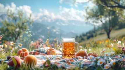 An inviting picnic scene with a glass of nectarine beer on a checkered blanket, surrounded by nectarines and wildflowers in a field
