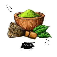 Matcha tea vector drawing. Green tea powder leaves - 760834192