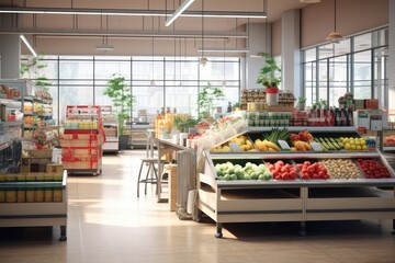 Grocery Supermarket Interior, Inside the Food Shop, Shelves with Groceries, Fruit Racks, Grocery