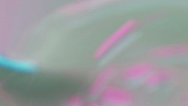 Color bubbles. Oil water. Neon pink blue translucent gel fluid sphere droplet floating motion on light abstract art background.