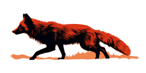 Silhouette of a fox standing on the rock with sunset and forest behind