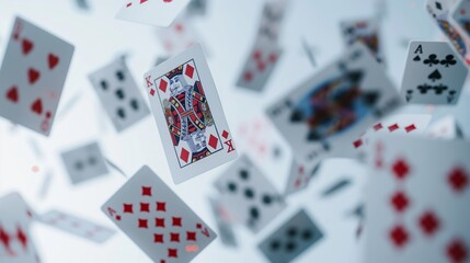 A striking composition of flying poker cards suspended against a seamless white background, each card a testament to the tension and drama of a high-stakes game, frozen in a moment of suspense and ant
