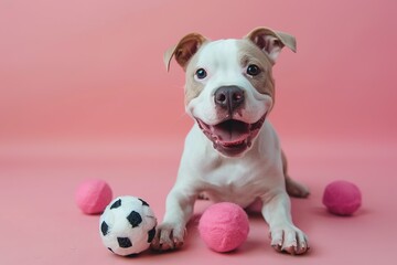 Obraz premium cute young white Pitbull plays with balls on a pink background