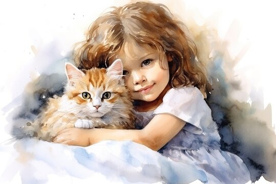 watercolor illustration of a little girl hugging fluffy cat