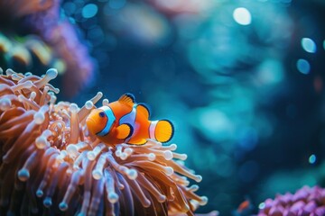 Close up Clown fish swimming on anemone underwater. The fish is surrounded by the coral, which is a vibrant shade of pink. The scene is peaceful and serene