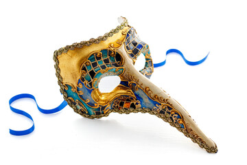 Beautiful multicolor carnival mask on a white background. Purim, Mardi Gras holiday concept.