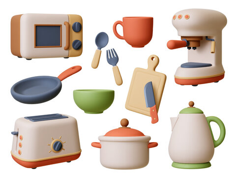 Cooking equipment 3d render. Isolated kitchen appliances and crockery. Pan, teapot, microwave and espresso coffee maker. Pithy realistic vector set