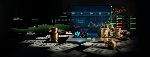 businessman laptop with business trading or stock market , crypto exchange interface UI, for economic market stock investment, financial freedom portfolio or company profit and growth strategy