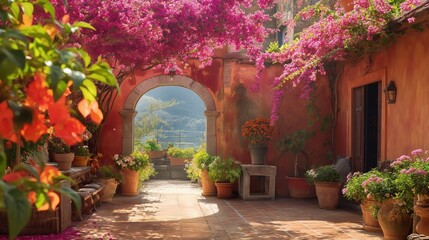 Fototapeta na wymiar A sunlit garden filled with cascading bougainvillea, their vibrant hues contrasting against the rustic terracotta walls.