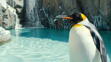 a penguin standing in front of a pool of water with a waterfall coming out of it's back end.