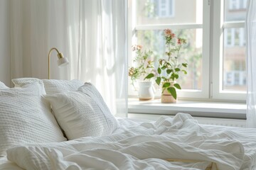 A bed with white sheets and pillows, a lamp on the nightstand, and a potted plant on the windowsill