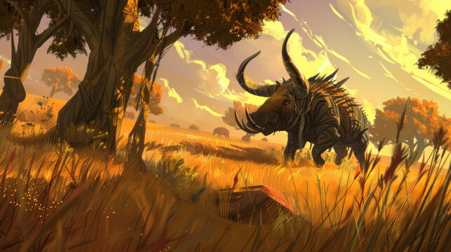 a digital painting of a horned animal in a field of grass and trees with a sunset in the back ground.