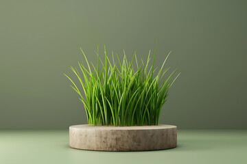 Background green grass podium 3d product. A fresh and vibrant 3D podium set against a background of lush green grass, perfect for showcasing products in a natural and organic setting. 