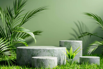 Background green grass podium 3d product. A fresh and vibrant 3D podium set against a background of lush green grass, perfect for showcasing products in a natural and organic setting. 