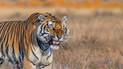 a close up of a tiger in a field of tall grass with it's mouth open and it's mouth wide open.