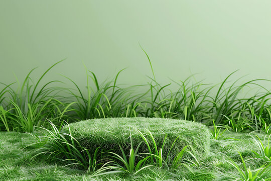 Background green grass podium 3d product. A fresh and vibrant 3D podium set against a background of lush green grass, perfect for showcasing products in a natural and organic setting. 
